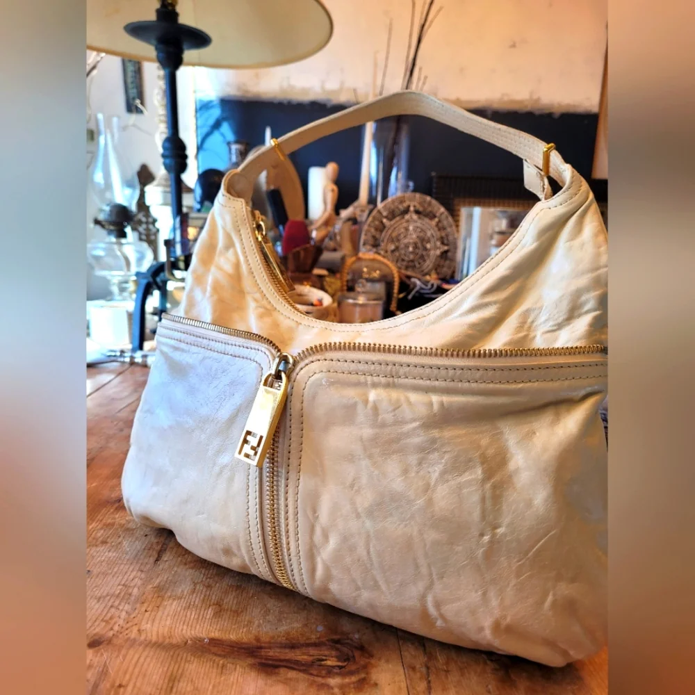 FENDI Zucca Zip Ivory Hobo Shoulder Bag